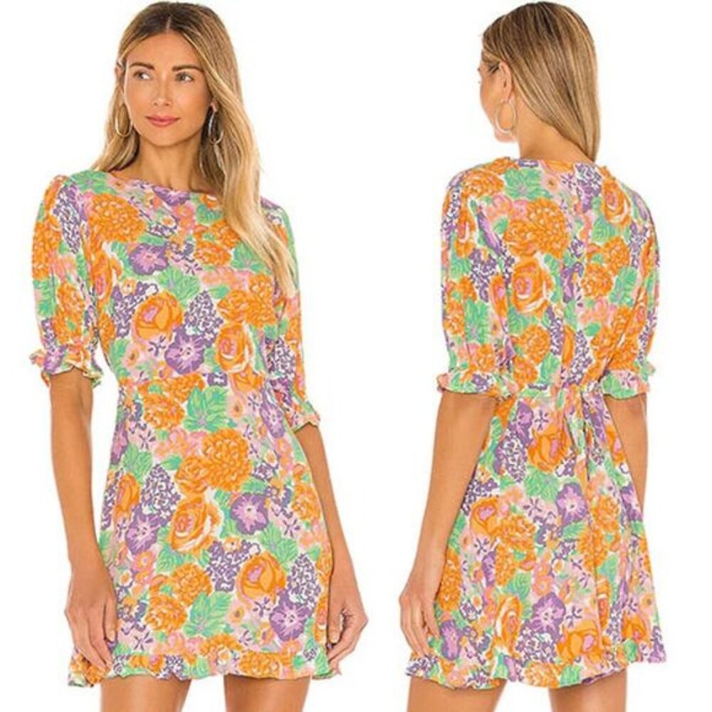 NWT Faithfull The Brand Florence Ade Floral Elastic Cuff Mini Dress Multi Color